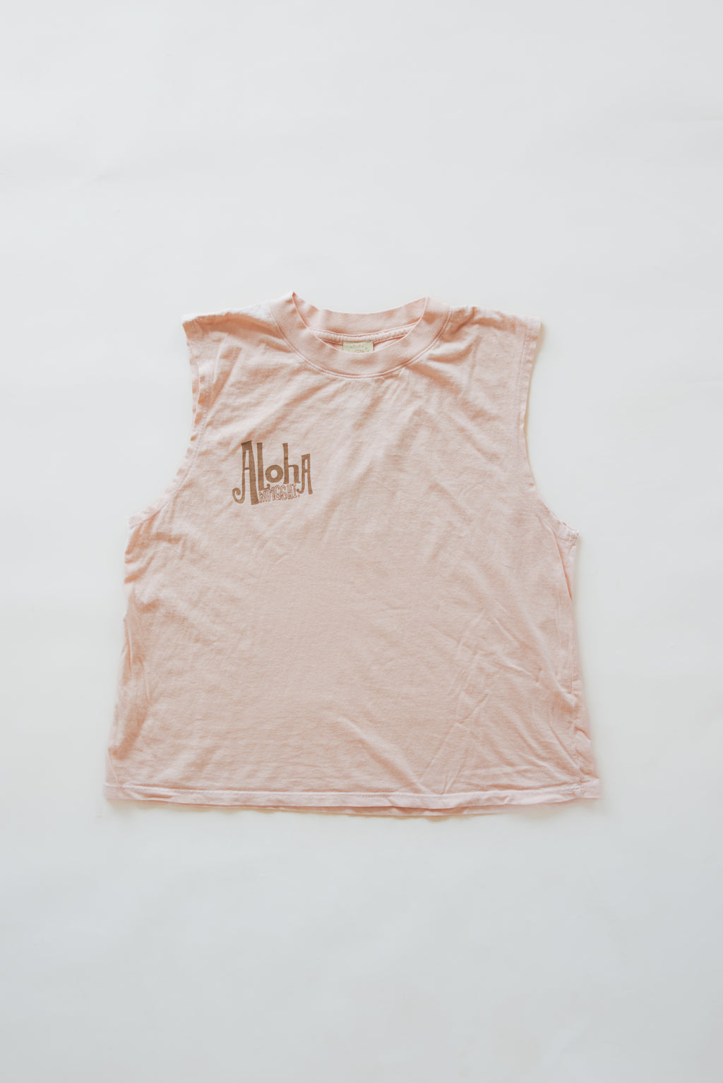 Wings Hawaii women's Mermaid Muscle Tank Top in Seashell Pink. Original artwork screenprinted by hand in Maui. Aloha design on front, mermaid on back. 