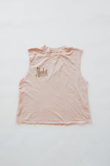 Wings Hawaii women's Mermaid Muscle Tank Top in Seashell Pink. Original artwork screenprinted by hand in Maui. Aloha design on front, mermaid on back.  thumbnail