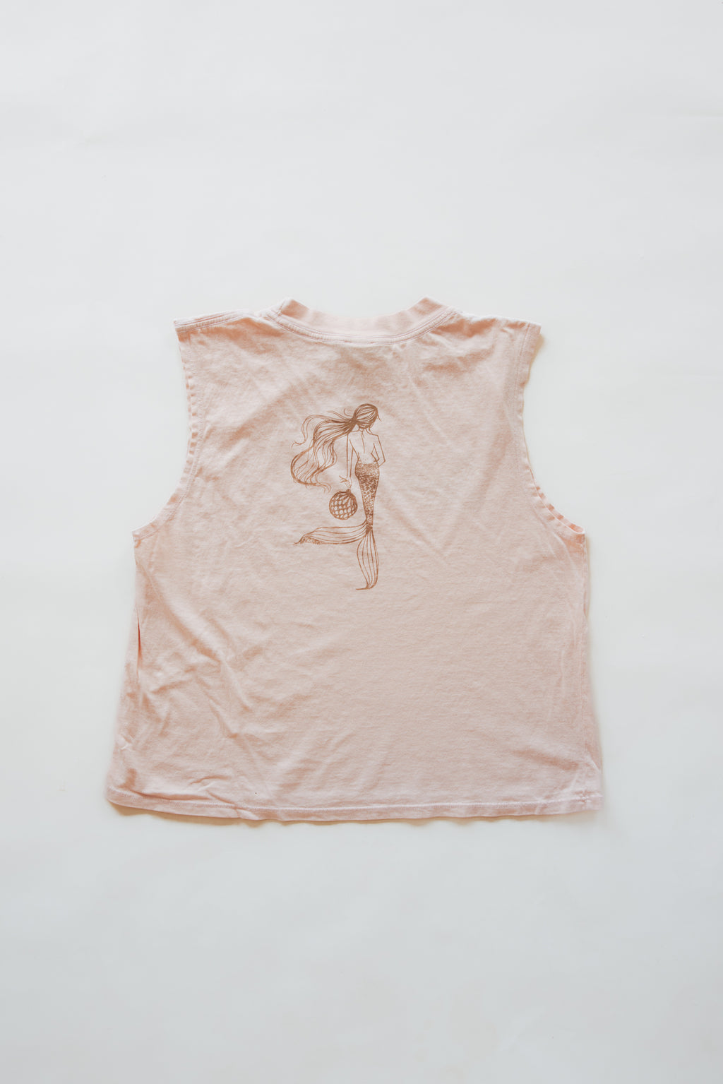 Wings Hawaii women's Mermaid Muscle Tank Top in Seashell Pink. Original artwork screenprinted by hand in Maui. Aloha design on front, mermaid on back. 