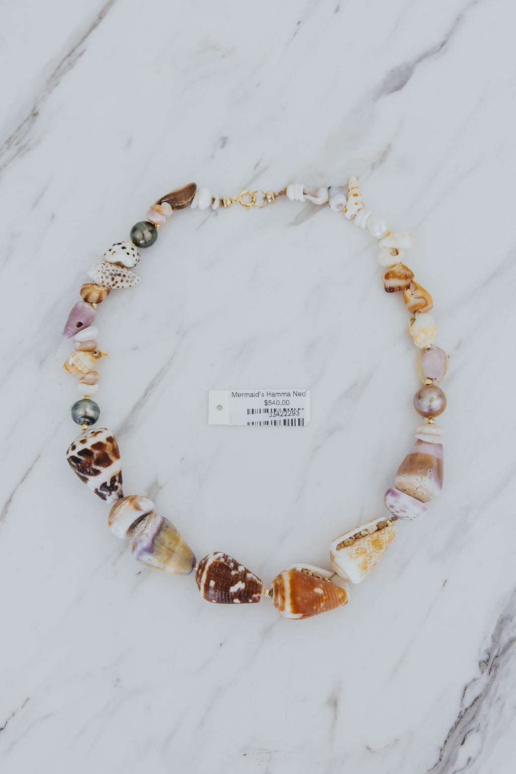 Wings Hawaii Mermaid's Hammah Necklace. Full shell lei handmade in Maui. Authentic Hawaiian seashells, Tahitian pearls, freshwater pearls, 14k gold-filled beads. Fine jewelry handcrafted with aloha in Hawaii. 