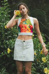Wings Hawaii retro pocket mini skirt in Hana Pearl print. Neutral white/cream tropical aloha print skirt. Designed with aloha in Maui.  thumbnail
