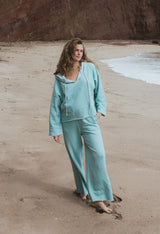 Wings Hawaii Beach Hoodie sweatshirt in aqua blue. 100% cotton french terry. Elevated apparel, sustainable essentials for coastal living. Designed in Maui, sewn in LA. Shown with matching Beach Pants.  thumbnail