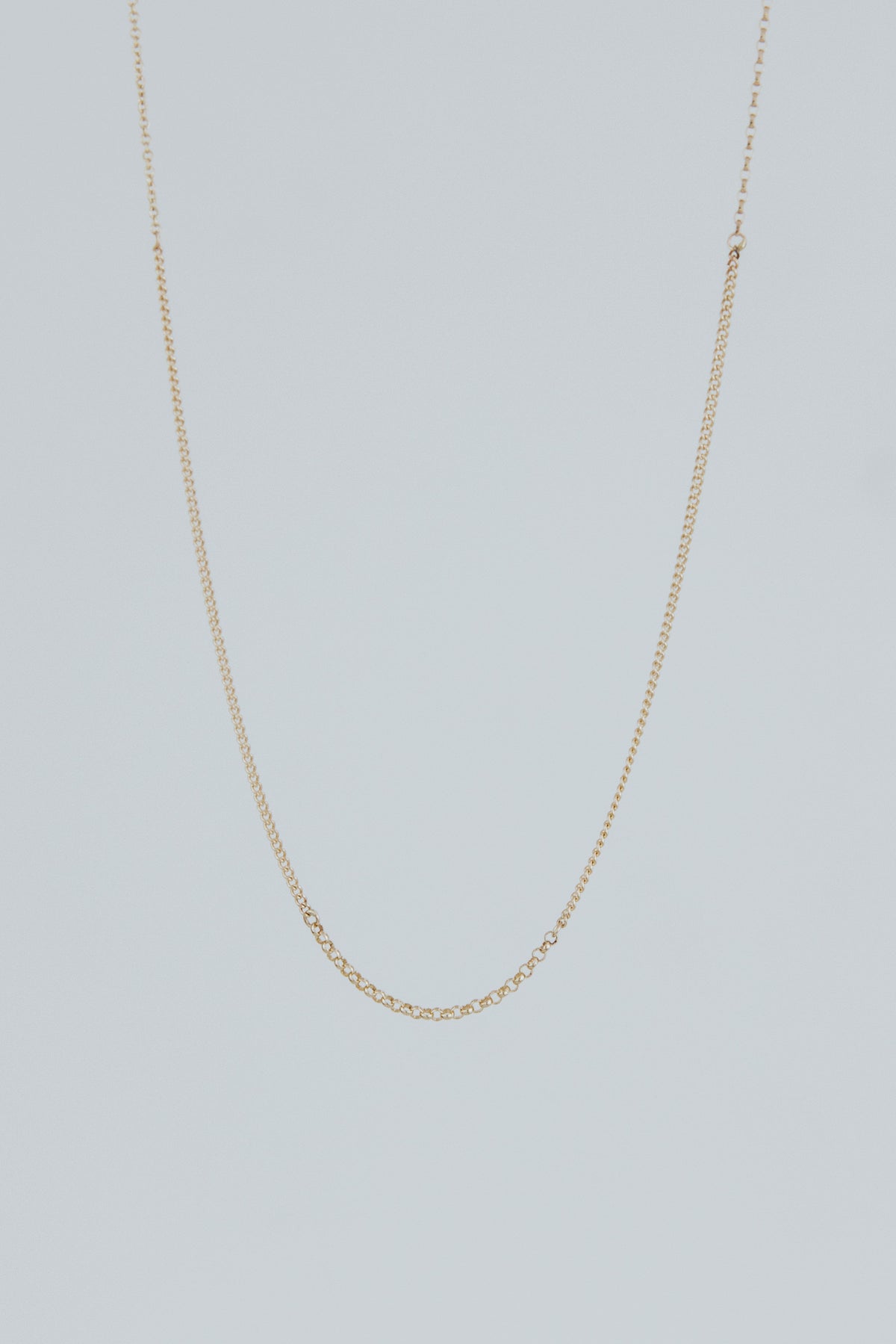 Wings Hawaii Mixed Chain Necklace in solid 14k yellow gold. Mix of curb, rolo, and round cable chains. Fine jewelry handcrafted in Maui. Perfect for layering or adding charms. 