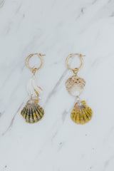 Wings Hawaii Mermaid Chandelier Hoop Earrings with real Hawaiian Moonrise Shells, beach shells, and uncultured saltwater pearls in 14k gold-filled. Fine jewelry handmade in Maui. 