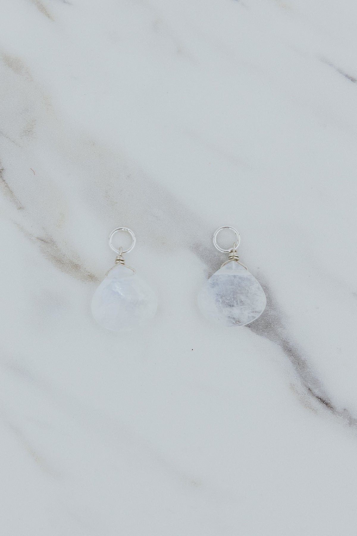 Wings Hawaii moonstone gemstone earring charms in sterling silver. Fine jewelry handmade in Maui. Charm Bar mix match create your own luxury charm hoop earrings. 
