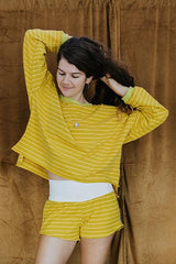 wings hawaii boxy long sleeve top in mustard stripe with matching pau hana shorts thumbnail