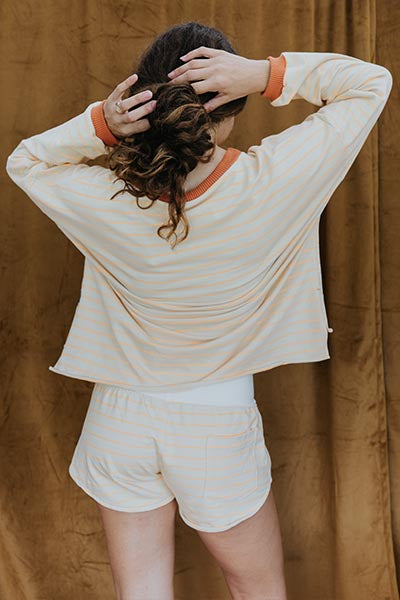 wings hawaii long sleeve boxy top in neon stripes with matching pau hana shorts