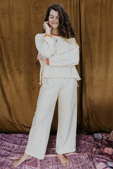 wings hawaii pau hana pants in neon stripe, shown with matching boxy long sleeve top  thumbnail