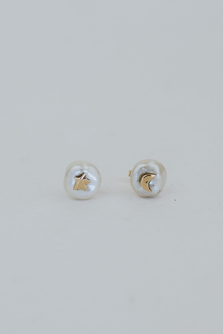 Moon + Star Inlay Studs - Pearl 14K
