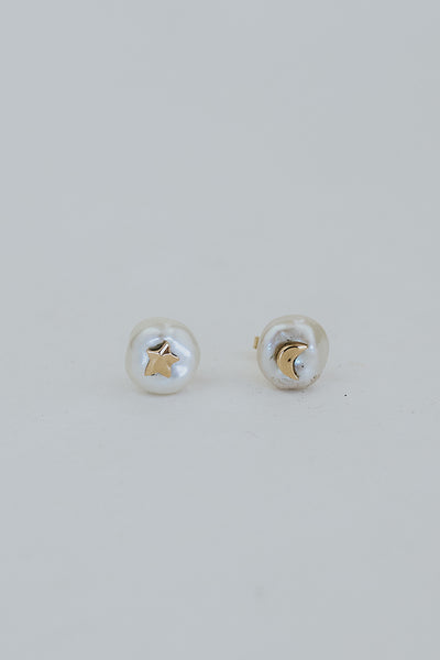Moon + Star Inlay Studs - Pearl 14K