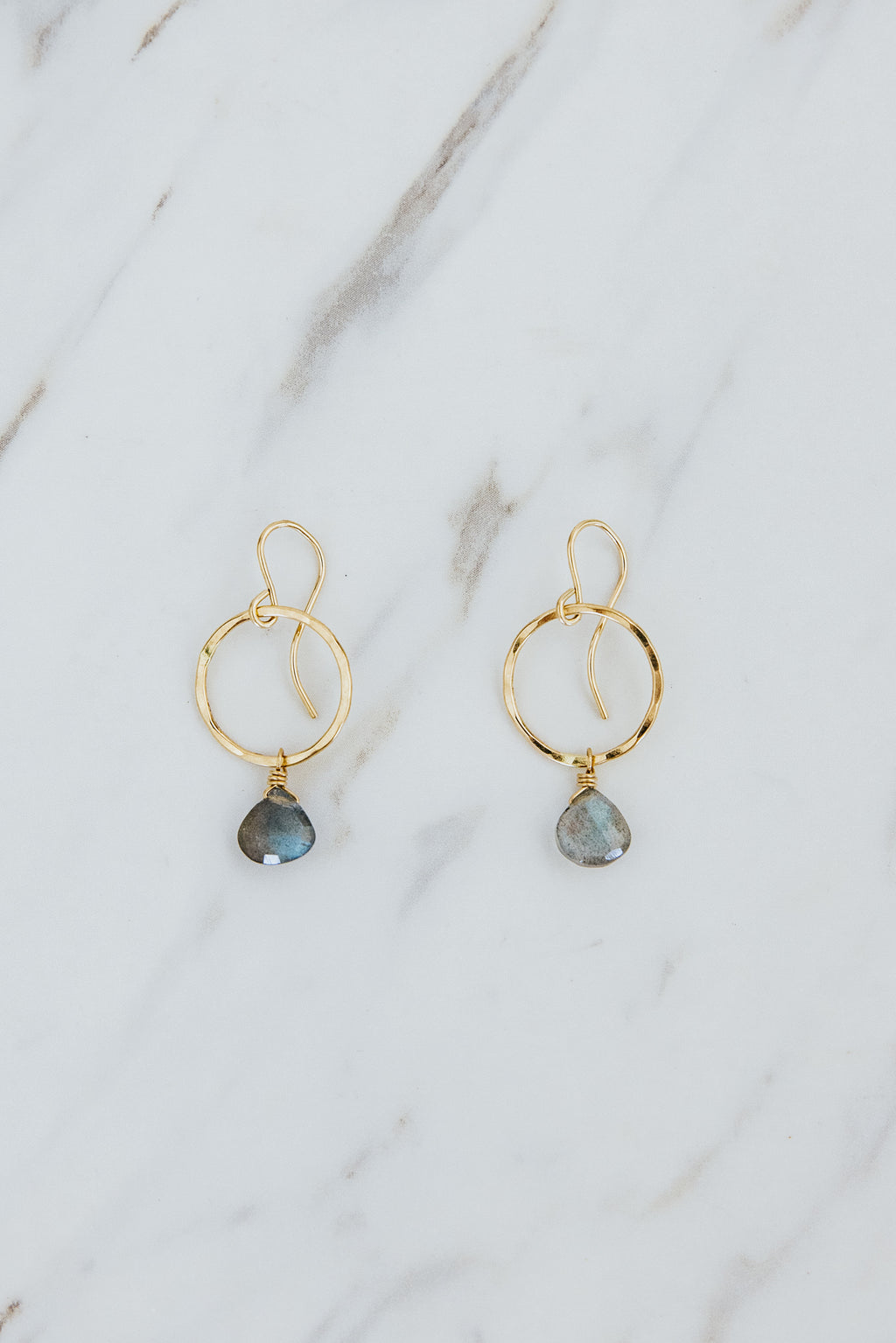 Wings Hawaii Labradorite Petite Full Circle Earrings. 14k gold-filled. Fine jewelry handcrafted in Maui. Sustainable, artisan, bohemian jewelry gifts made in Hawaii.