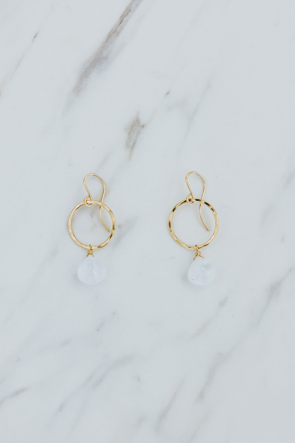 Wings Hawaii Moonstone Petite Full Circle Earrings. 14k gold-filled. Fine jewelry handcrafted in Maui. Sustainable, artisan, bohemian jewelry gifts made in Hawaii.