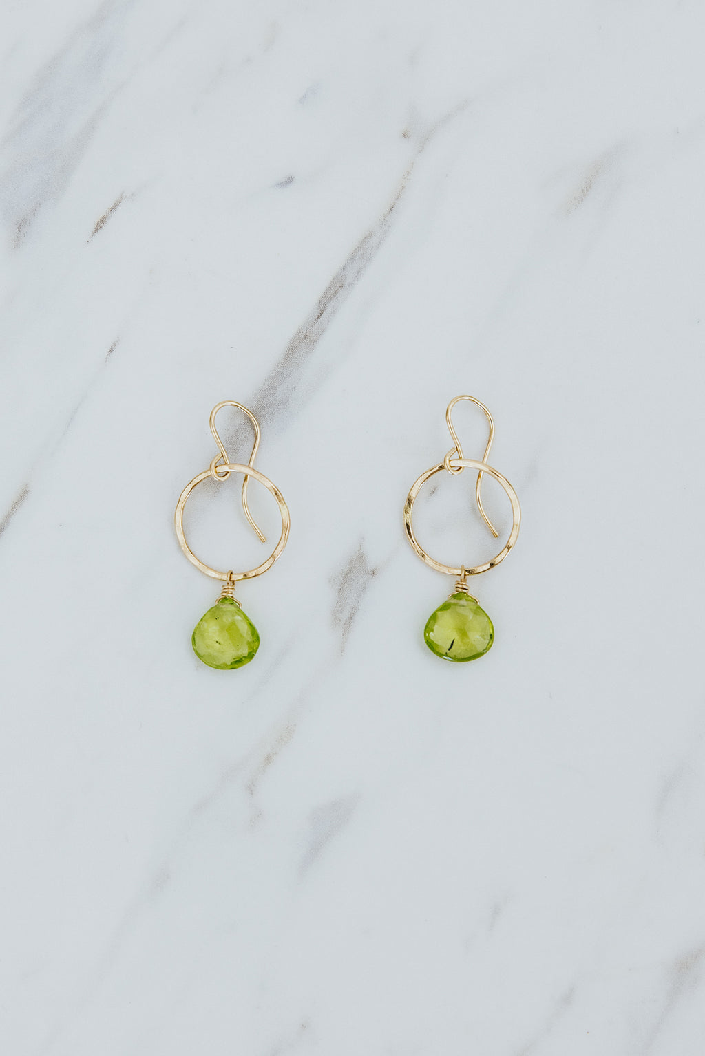 Wings Hawaii Peridot Petite Full Circle Earrings. 14k gold-filled. Fine jewelry handcrafted in Maui. Sustainable, artisan, bohemian jewelry gifts made in Hawaii.