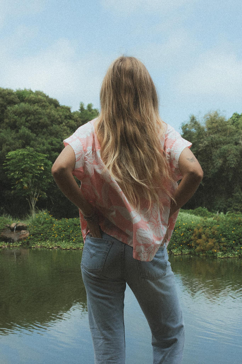 Wings Hawaii Boxy Button-Up Top in vintage pink tropical aloha print. Handmade with aloha in Maui. 