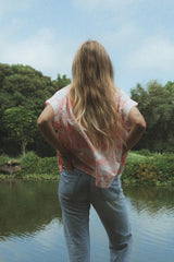 Wings Hawaii Boxy Button-Up Top in vintage pink tropical aloha print. Handmade with aloha in Maui.  thumbnail