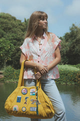 Wings Hawaii Boxy Button-Up Top in vintage pink tropical aloha print. Handmade with aloha in Maui.  thumbnail