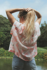 Wings Hawaii Boxy Button-Up Top in vintage pink tropical aloha print. Handmade with aloha in Maui.  thumbnail