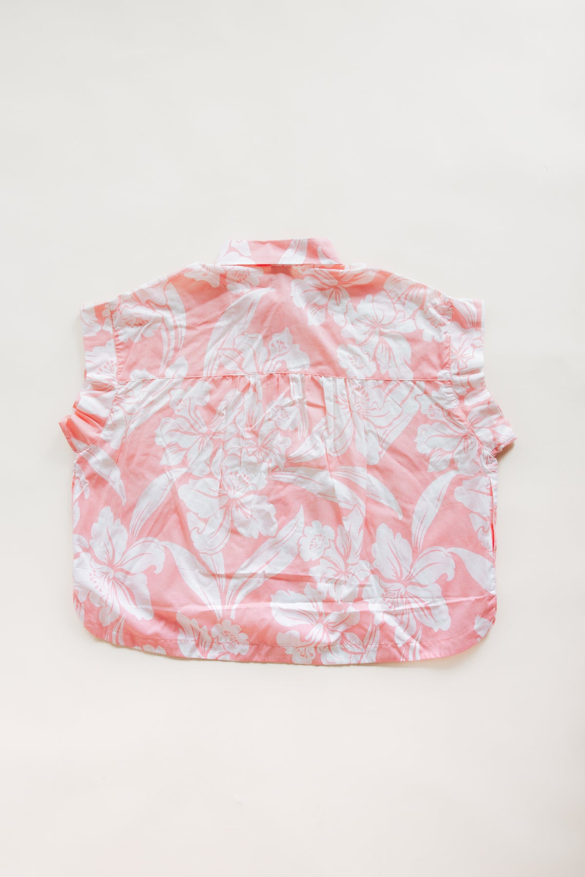 Wings Hawaii Boxy Button-Up Top in vintage pink tropical aloha print. Handmade with aloha in Maui. 