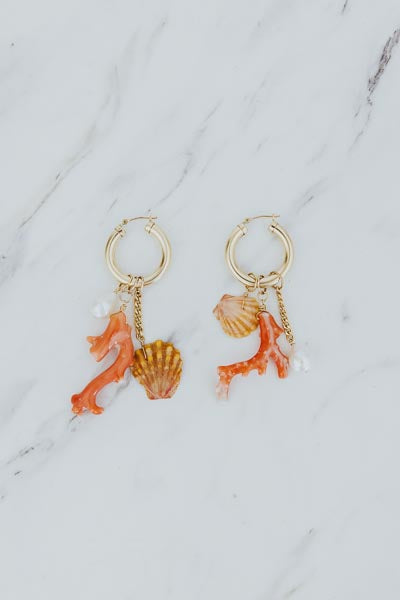 wings hawaii lure earrings with sunrise shells, coral and pearls in 14k gold fill