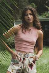 Wings Hawaii Ribbed Lexi Tank Top. Stretchy high neck cropped muscle tank top in Rose pink. Designed in Maui, sewn in Bali. Sustainable, small batch, boho beachy chic women's apparel.  thumbnail