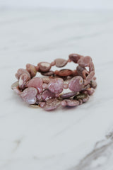 Wings Hawaii Rhodochrosite heart-shaped beads stretchy bracelet with 14k gold-filled tag. Crystal chakra healing. Boho-chic spiritual jewelry handmade in Maui. thumbnail