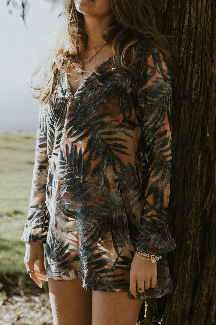 Bell Sleeve Mini Dress - Sheer Palms