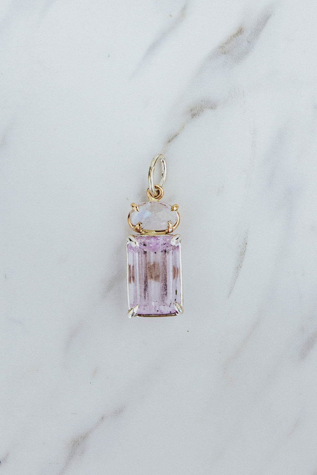 Wings Hawaii Kunzite + Moonstone mixed metals necklace charm in 14k yellow gold and sterling silver. Fine jewelry handmade in Maui. 