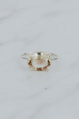 Wings Hawaii Halo ring – Bi-color Sunstone in sterling silver. Fine jewelry handcrafted in Maui. Oval-cut gemstone, single prong-set on delicate band. Made in Hawaii gifts.  thumbnail