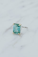 Wings Hawaii Venus Ring Blue Tourmaline in 14k yellow gold and sterling silver mixed metals. Fine jewelry handcrafted in Maui.  thumbnail