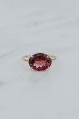 Wings Hawaii Halo ring – Pink Tourmaline in solid 14k yellow gold. Fine jewelry handcrafted in Maui. Oval-cut gemstone, single prong-set on delicate band.  thumbnail