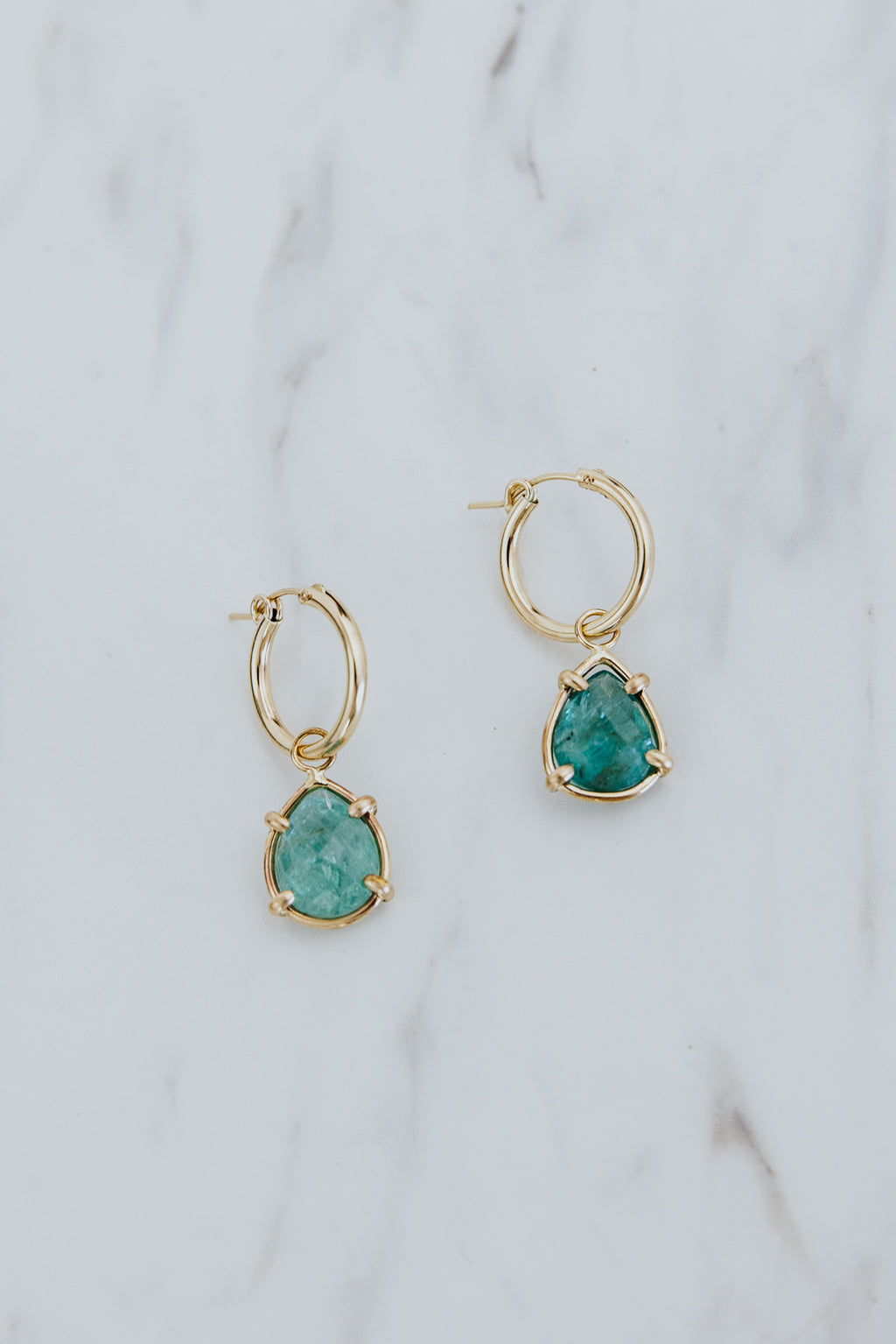 Wings Hawaii Apatite teardrop charms in 14k gold fill for hoop earrings. Fine jewelry handmade in Maui. Modern, elevated charm earrings to mix, match, customize. 