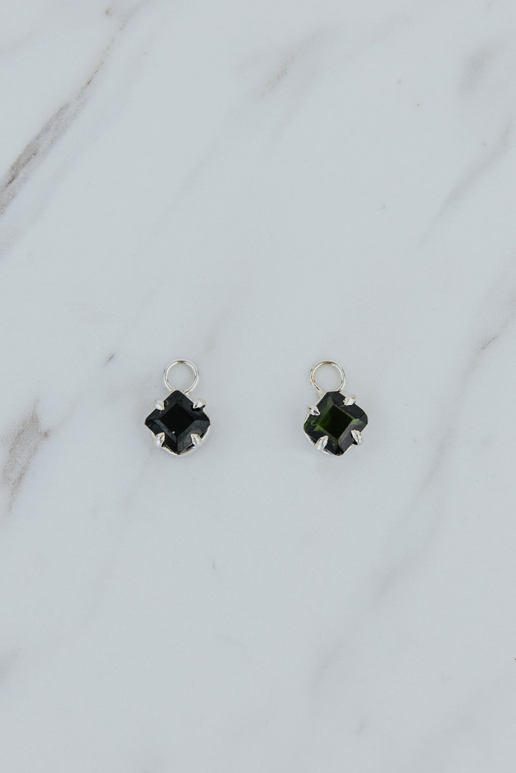 Wings Hawaii Green Tourmaline charms for hoop earrings in sterling silver. Fine jewelry handmade in Maui. Modern, elevated charm earrings to mix, match, customize. 