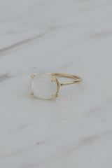 Wings Hawaii Halo ring – Moonstone in solid 14k yellow gold. Fine jewelry handcrafted in Maui. Oval-cut gemstone, single prong-set on delicate band. Made in Hawaii gifts.  thumbnail