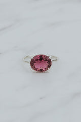 Wings Hawaii Halo ring – Rose Pink Tourmaline in sterling silver. Fine jewelry handcrafted in Maui. Oval-cut gemstone, single prong-set on delicate band. Made in Hawaii gifts.  thumbnail