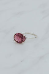 Wings Hawaii Halo ring – Rose Pink Tourmaline in sterling silver. Fine jewelry handcrafted in Maui. Oval-cut gemstone, single prong-set on delicate band. Made in Hawaii gifts.  thumbnail