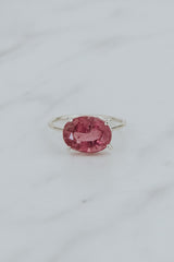 Wings Hawaii Halo ring – Bright Pink Tourmaline in sterling silver. Fine jewelry handcrafted in Maui. Oval-cut gemstone, single prong-set on delicate band. Made in Hawaii gifts.  thumbnail