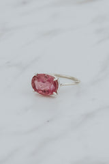 Wings Hawaii Halo ring – Bright Pink Tourmaline in sterling silver. Fine jewelry handcrafted in Maui. Oval-cut gemstone, single prong-set on delicate band. Made in Hawaii gifts.  thumbnail