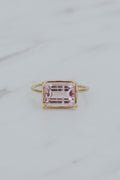 Wings Hawaii Astra ring – Pink Tourmaline in solid 14k yellow gold. Fine jewelry handcrafted in Maui. Rectangle gemstone, single prong-set on delicate band. Unique jewelry gifts made in Hawaii. 