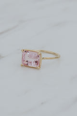 Wings Hawaii Astra ring – Pink Tourmaline in solid 14k yellow gold. Fine jewelry handcrafted in Maui. Rectangle gemstone, single prong-set on delicate band. Unique jewelry gifts made in Hawaii.  thumbnail