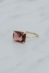Wings Hawaii Astra ring – Pink Tourmaline in solid 14k yellow gold. Fine jewelry handcrafted in Maui. Rectangle gemstone, single prong-set on delicate band. Unique jewelry gifts made in Hawaii.  thumbnail