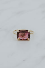 Wings Hawaii Astra ring – Pink Tourmaline in solid 14k yellow gold. Fine jewelry handcrafted in Maui. Rectangle gemstone, single prong-set on delicate band. Unique jewelry gifts made in Hawaii. 