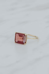 Wings Hawaii Astra ring – Rose Pink Tourmaline in solid 14k yellow gold. Fine jewelry handcrafted in Maui. Rectangle gemstone, single prong-set on delicate band. Unique jewelry gifts made in Hawaii.  thumbnail
