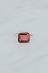 Wings Hawaii Astra ring – Rose Pink Tourmaline in solid 14k yellow gold. Fine jewelry handcrafted in Maui. Rectangle gemstone, single prong-set on delicate band. Unique jewelry gifts made in Hawaii. 
