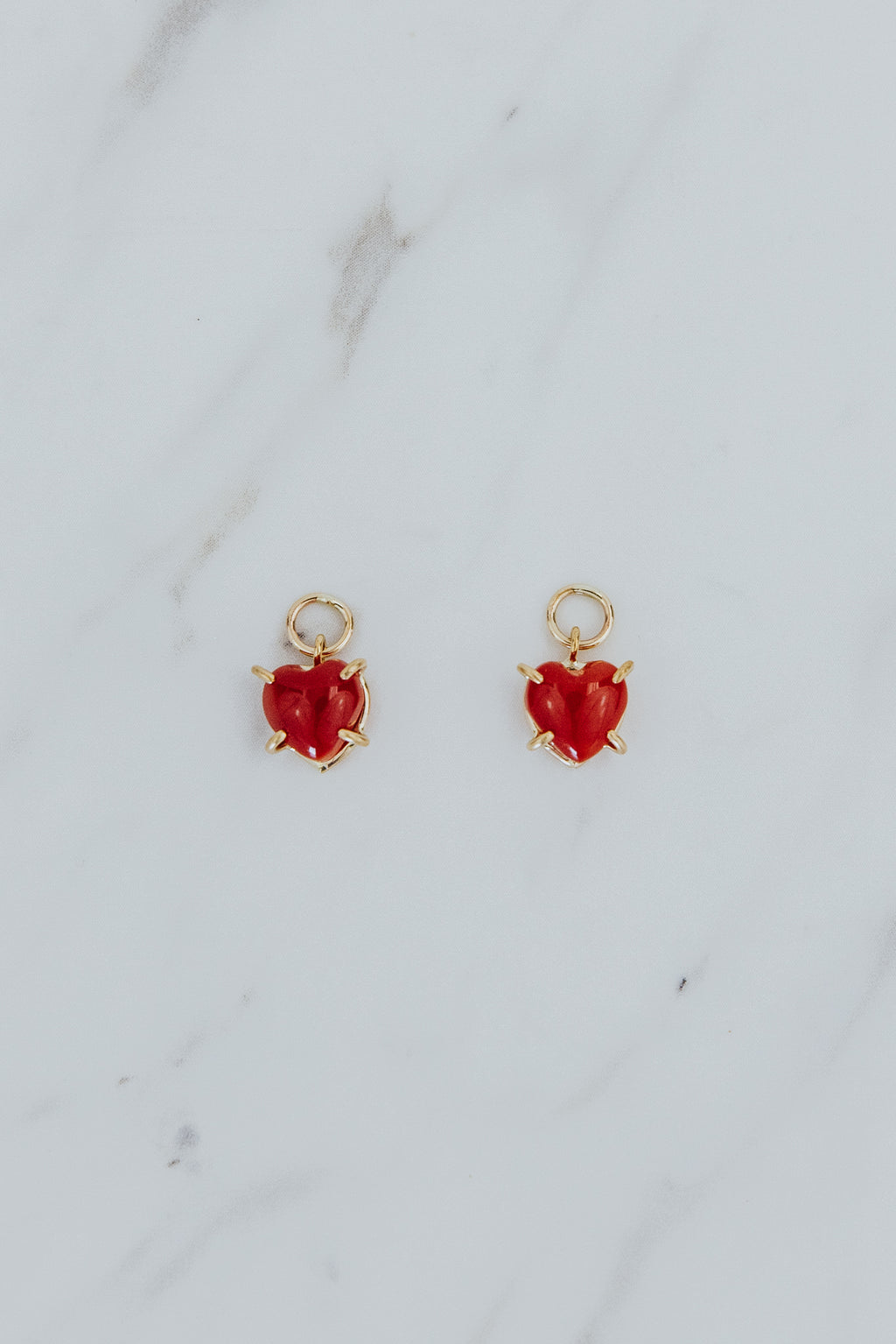 Wings Hawaii Red Coral Heart earring charms in 14k gold-filled. Fine jewelry handcrafted in Maui. Mix, match, layer, customize. Charm Bar Collection. Modern, beachy, boho chic jewelry made in Hawaii. 