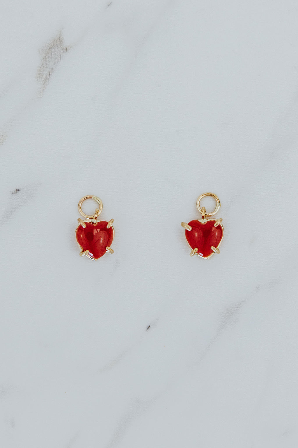 Wings Hawaii Red Coral Heart earring charms in 14k gold-filled. Fine jewelry handcrafted in Maui. Mix, match, layer, customize. Charm Bar Collection. Modern, beachy, boho chic jewelry made in Hawaii. 
