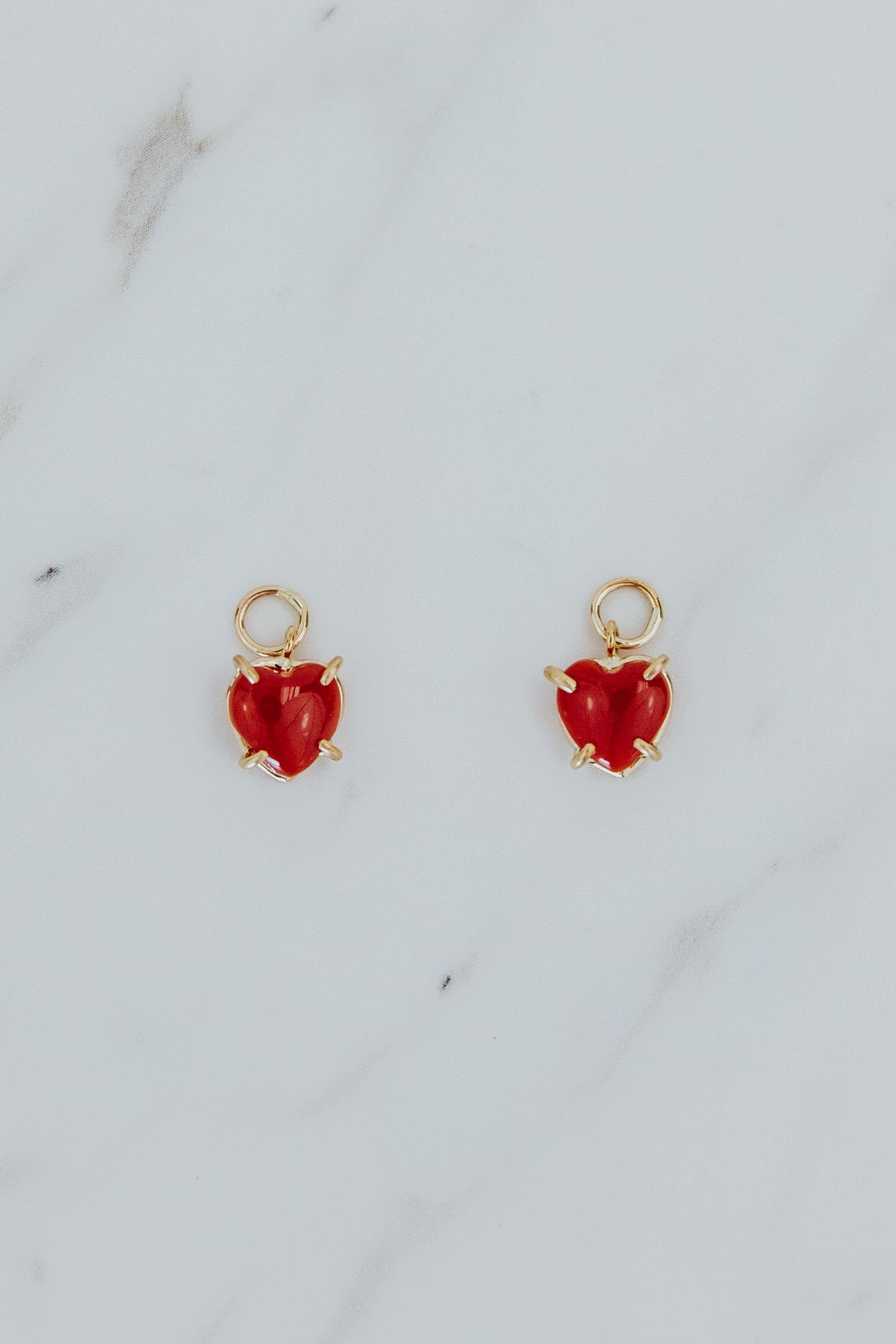 Wings Hawaii Red Coral Heart earring charms in 14k gold-filled. Fine jewelry handcrafted in Maui. Mix, match, layer, customize. Charm Bar Collection. Modern, beachy, boho chic jewelry made in Hawaii. 