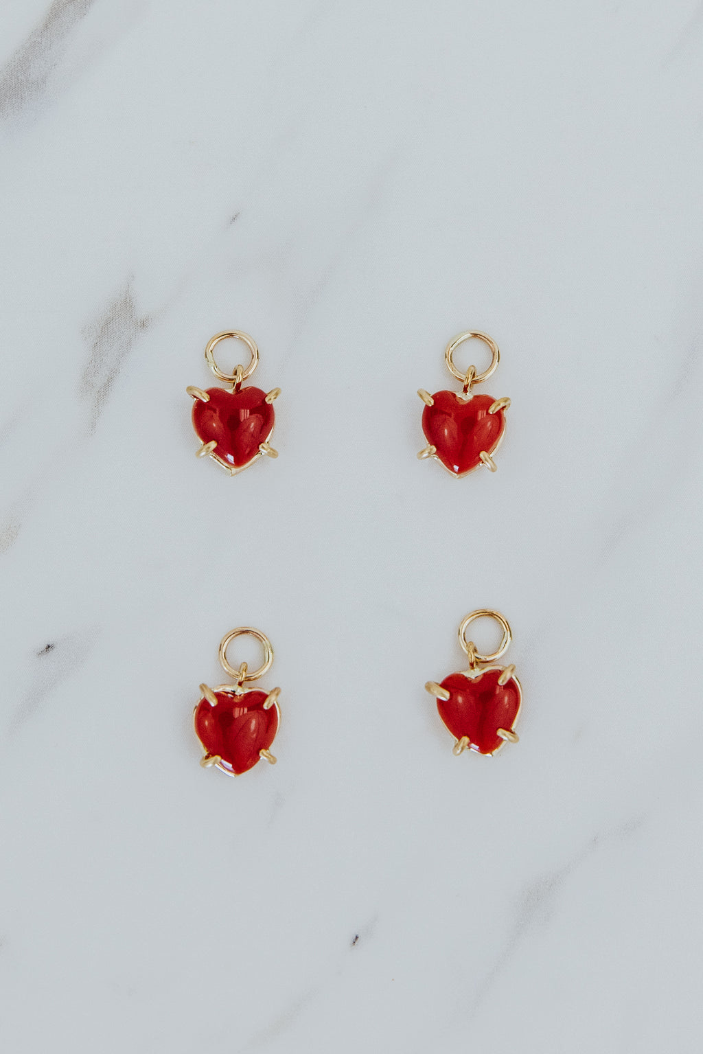 Wings Hawaii Red Coral Heart earring charms in 14k gold-filled. Fine jewelry handcrafted in Maui. Mix, match, layer, customize. Charm Bar Collection. Modern, beachy, boho chic jewelry made in Hawaii. 