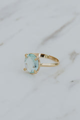 Wings Hawaii rose-cut, prong set Aquamarine Lyra ring in 14k gold-filled. Fine jewelry handcrafted in Maui. Light blue round gemstone in delicate gold ring. High quality jewelry made in Hawaii.  thumbnail