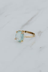 Wings Hawaii rose-cut, prong set Aquamarine Lyra ring in 14k gold-filled. Fine jewelry handcrafted in Maui. Light blue round gemstone in delicate gold ring. High quality jewelry made in Hawaii.  thumbnail
