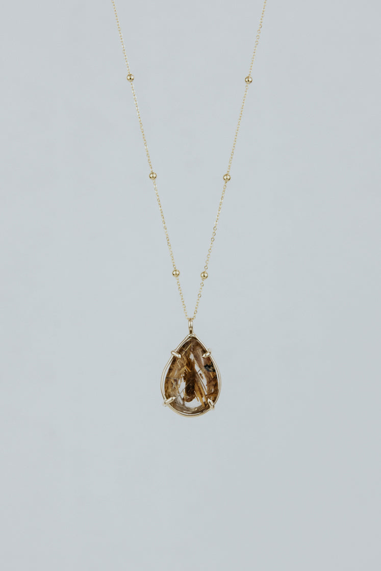 Teardrop Crystal Ball Necklace - Rutilated Quartz 14k